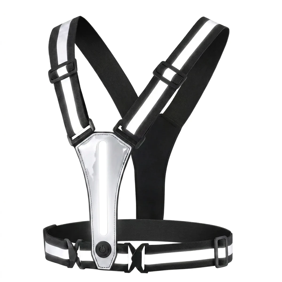 Ghost Litt Co. special edition LED reflective vest with black webbing, white reflective stripes and a white LED bar, front view