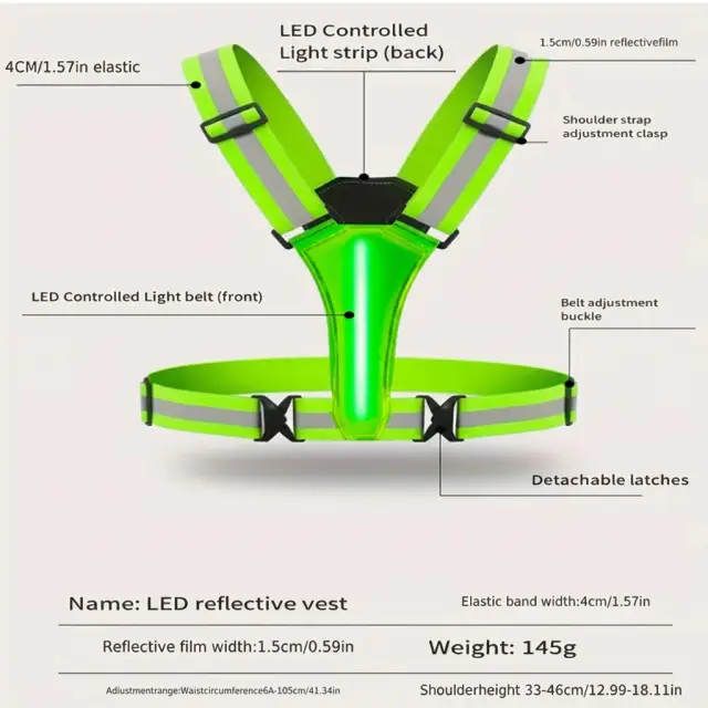 Labelled diagram of the Litt LED reflective vest showing light strip, adjustment clasps, detachable latches and measurements
