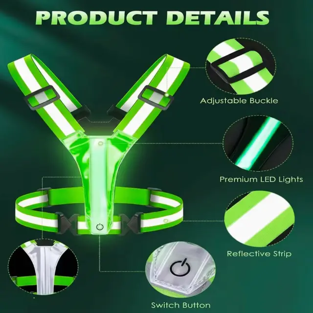 Litt LED reflective vest product details: adjustable buckle, premium LED lights, reflective strip and switch button