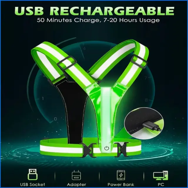 Litt LED reflective vest USB rechargeable illustration showing charging from USB socket, adapter, power bank or PC