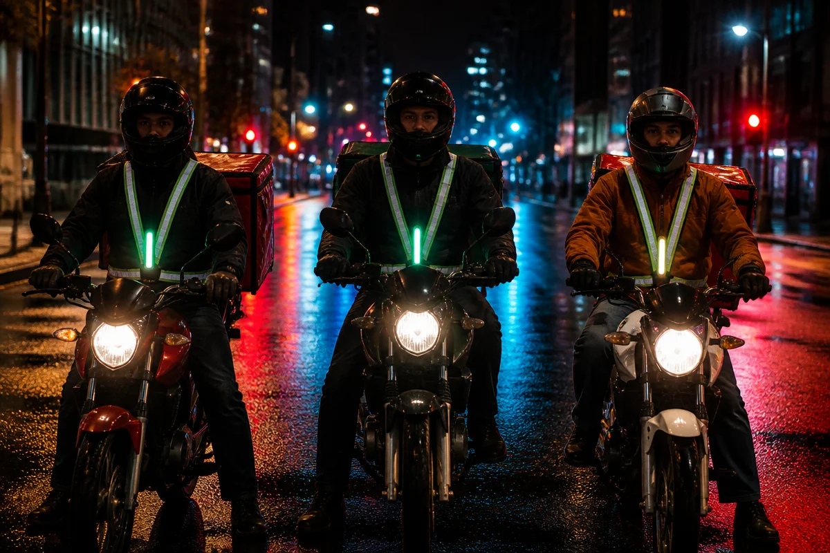 Three delivery motorbike riders facing the camera on a wet city street at night, each wearing a Litt Co. LED reflective harness with a glowing green light bar down the chest